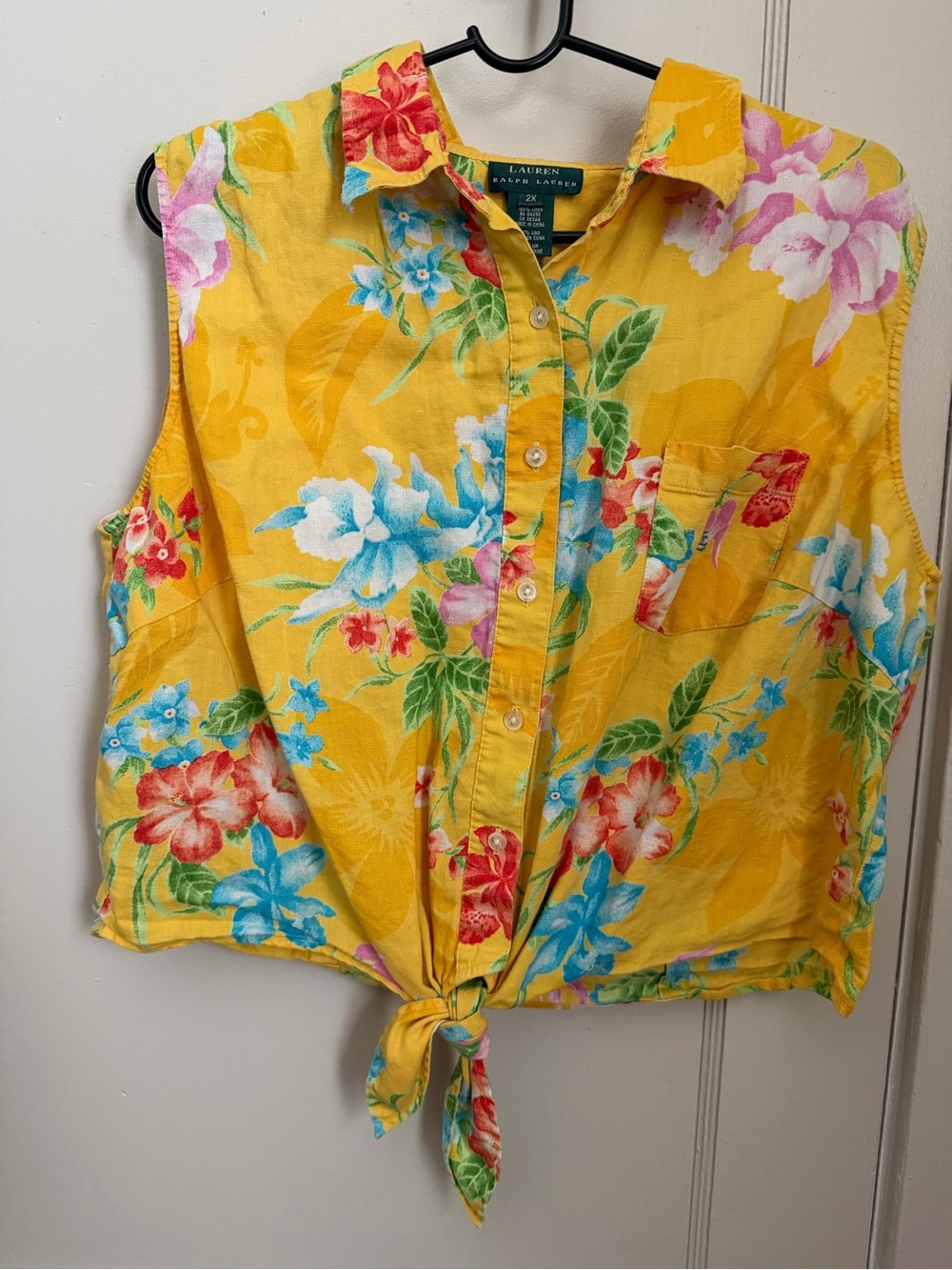 Ralph Lauren Yellow Floral Tie-Front Sleeveless Button-Down